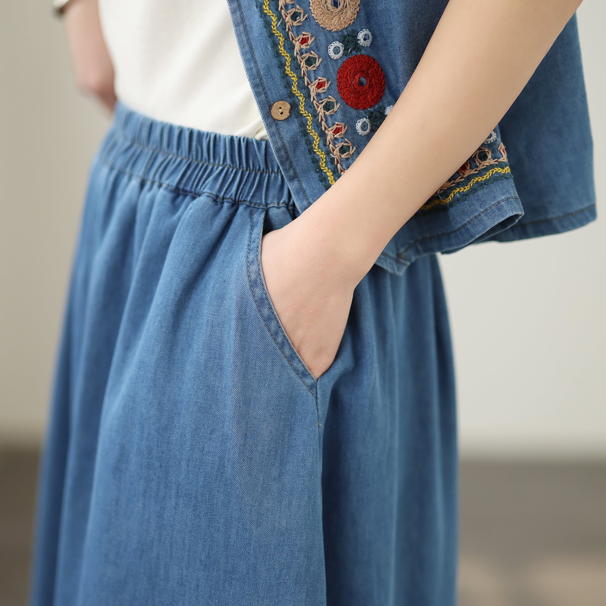 Women's Embroidered Elastic Waist Denim Jean Maxi Skirt Pocket - LAI MENG FIVE CATS