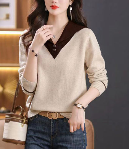 Chic Contrast Collar Knit Sweater - Elegant V-Neck Pullover