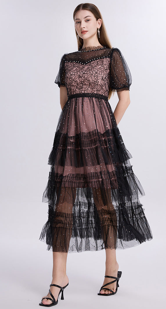 Black Sheer Sleeves Lace Glitter Tulle Dress