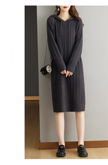 Women's Cable Knit Sweater Hoodie Midi Dress