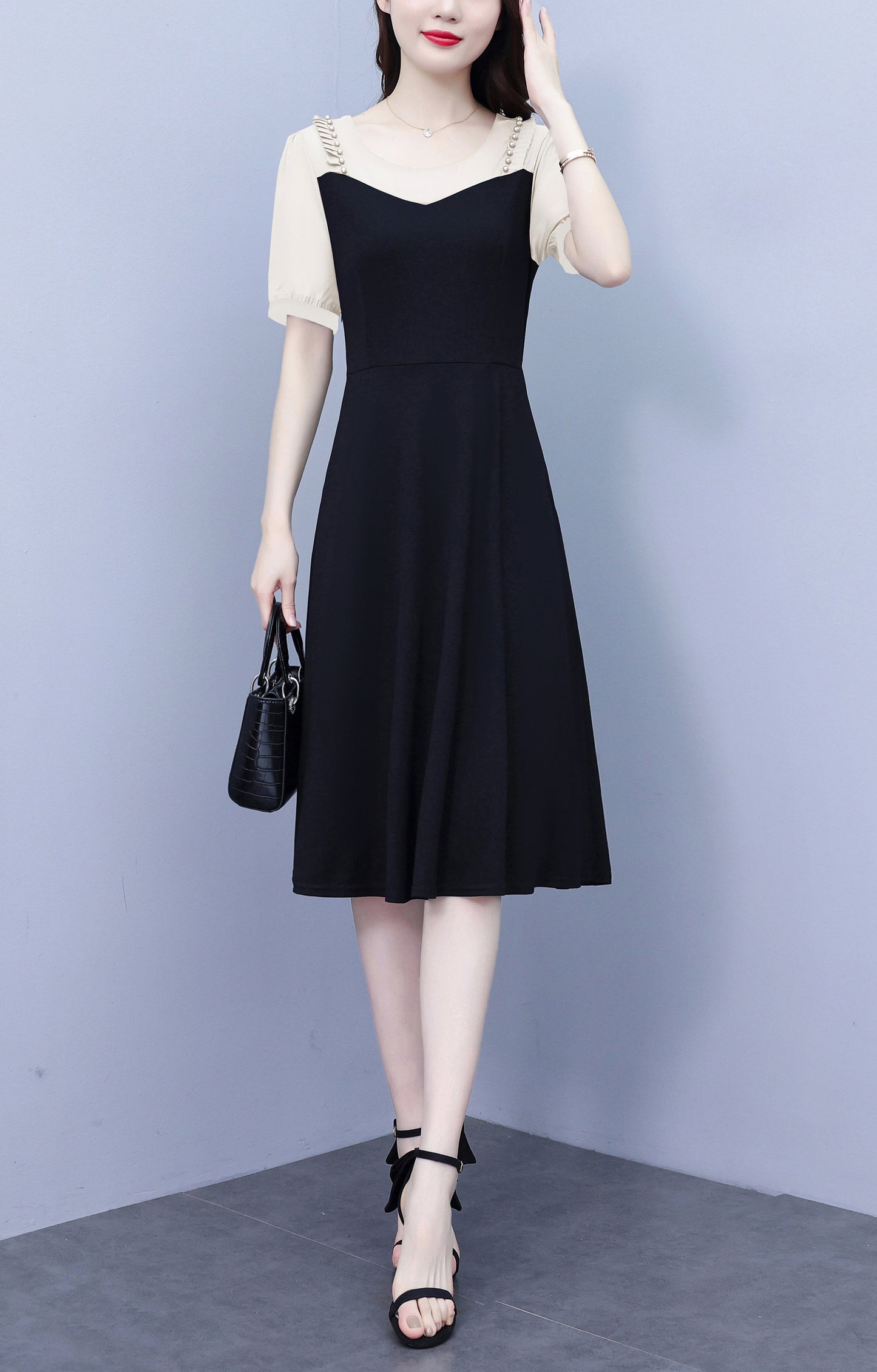 Women's Short Sleeve Pocket A-line Stretch Midi Dress