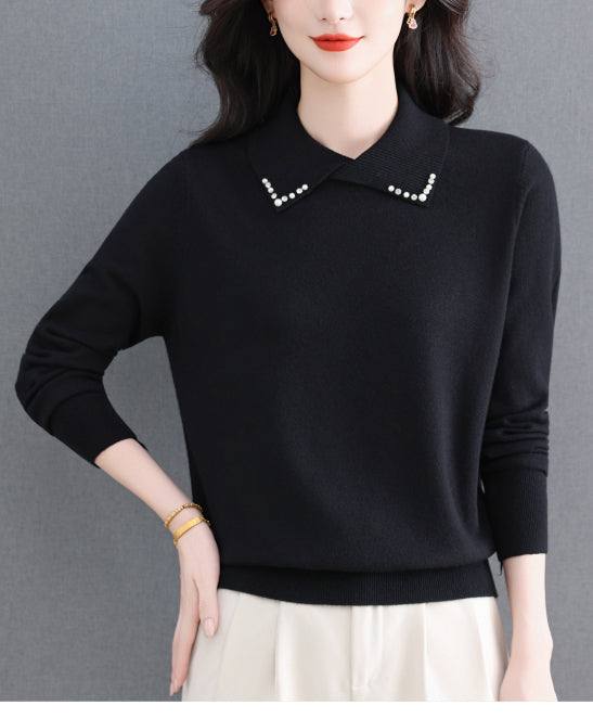 Women's Long Sleeve Sweater Lapel Collar Pullover Tops - LAI MENG FIVE CATS