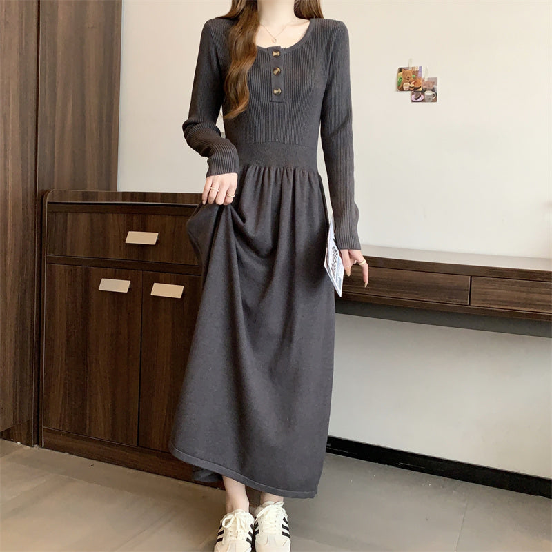 Women's Long Sleeve Button A Line Ribbed Knit Maxi Dress