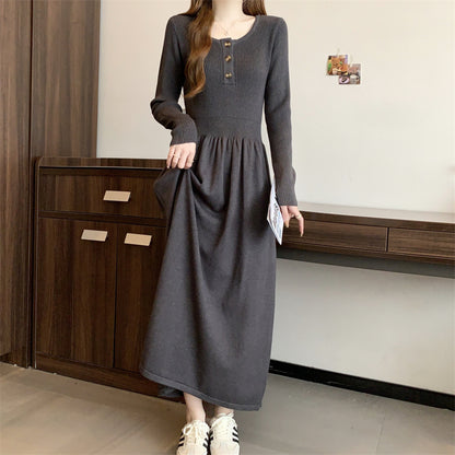 Women's Long Sleeve Button A Line Ribbed Knit Maxi Dress