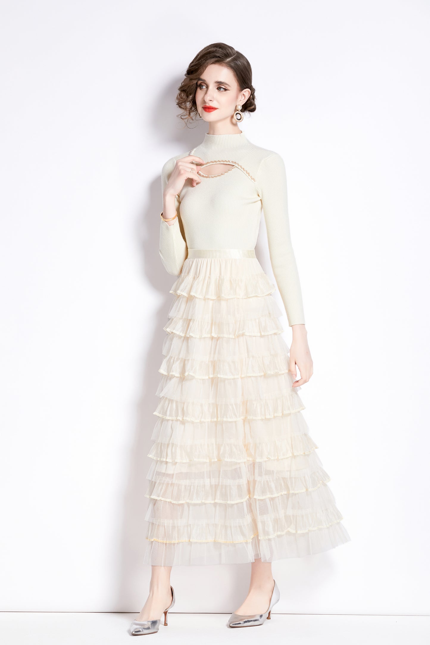 Women's 2 Piece Skirt Set Knit Top Ruffle Layered Skirt