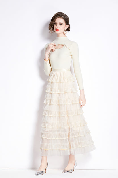 Women's 2 Piece Skirt Set Knit Top Ruffle Layered Skirt