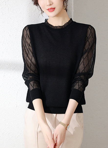 Women's Sweater Puff Sleeve Patchwork Lace Tops