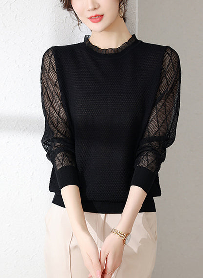 Women's Sweater Puff Sleeve Patchwork Lace Tops