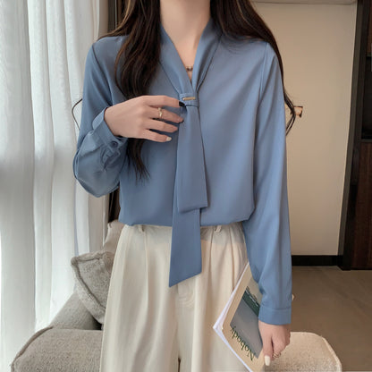 Women's Silk Satin Shirt Tie Neck Long Sleeve Blouse - LAI MENG FIVE CATS
