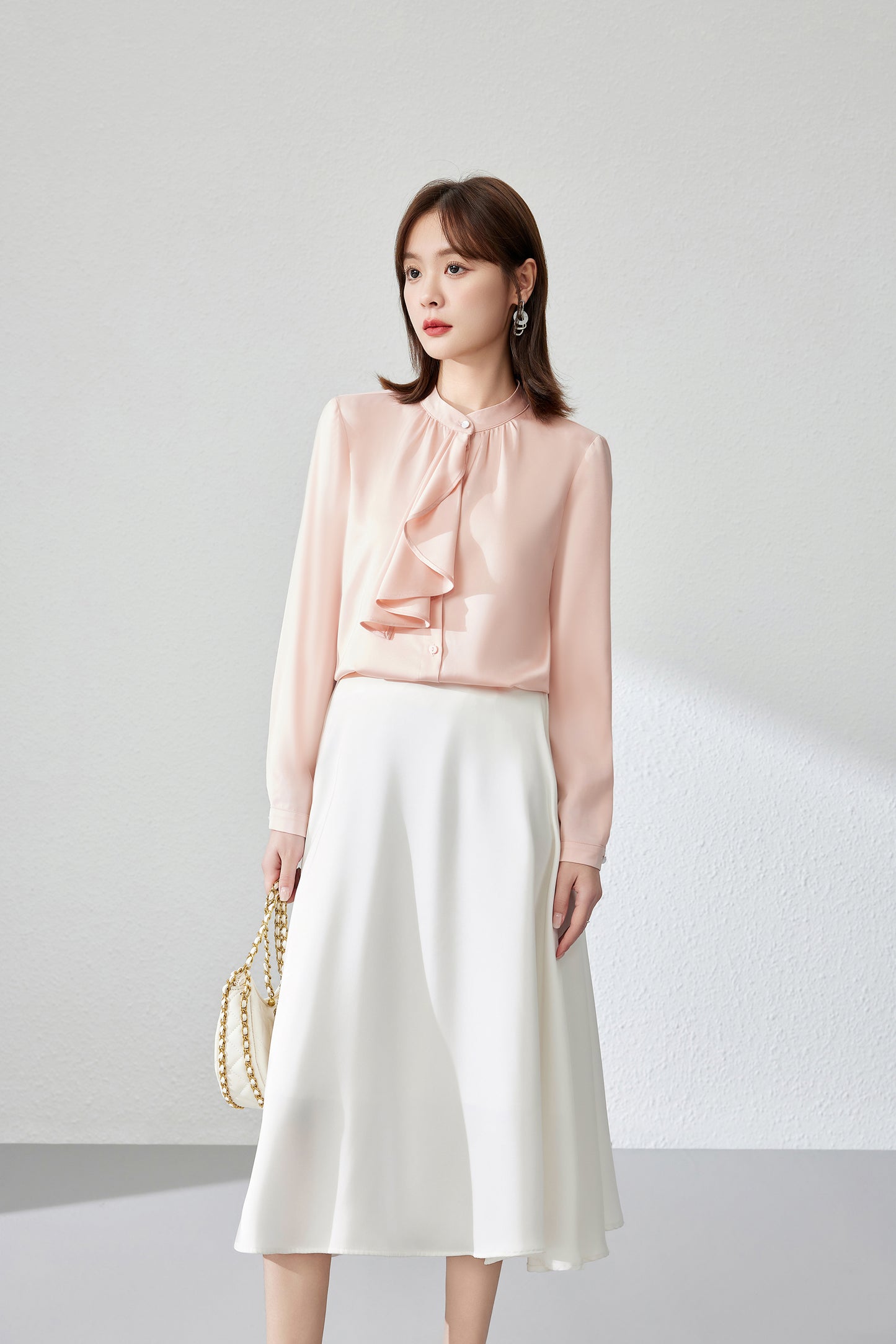 Women's Ruffle Shirt Tie Neck Long Sleeve Blouse - LAI MENG FIVE CATS