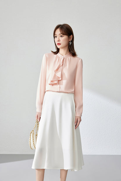 Women's Ruffle Shirt Tie Neck Long Sleeve Blouse - LAI MENG FIVE CATS