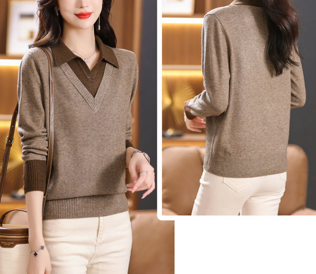 Elegant Layered Knit Sweater with Polo Collar Long Sleeve Knit Pullover - LAI MENG FIVE CATS
