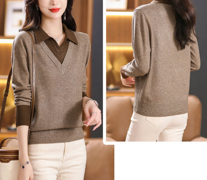 Elegant Layered Knit Sweater with Polo Collar Long Sleeve Knit Pullover - LAI MENG FIVE CATS