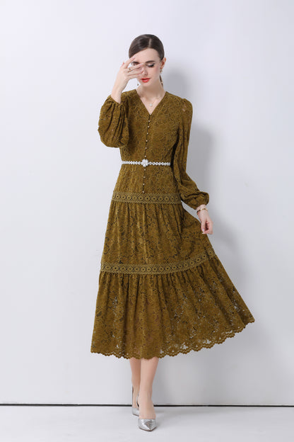 Women's V-Neck Puff Sleeves Button Lace Midi Dress