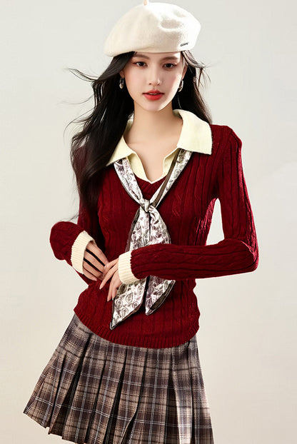 Preppy Color-Block Cable Knit Top with Contrast Collar & Tie Neck