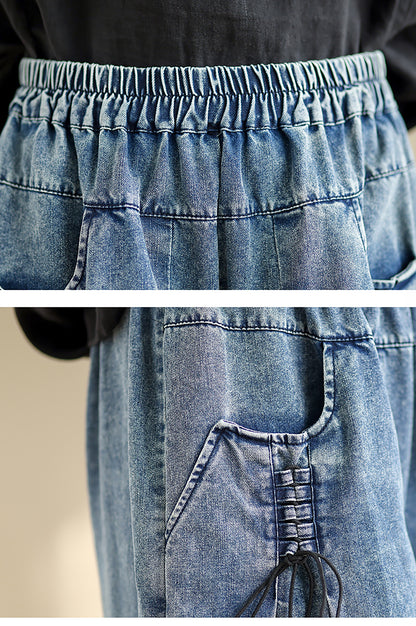 26266 Wide-Leg Denim Jeans with Elastic Waist & Drawstring