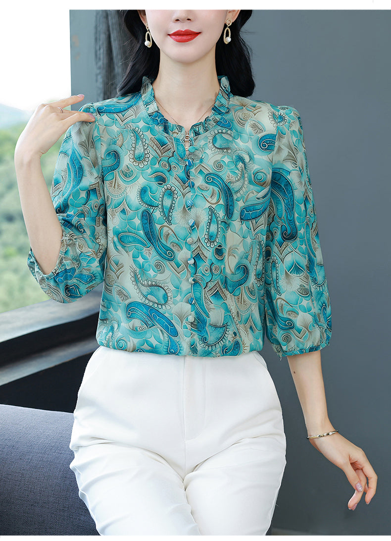 Women's Floral Print Ruffle Button Loose Blouses Top