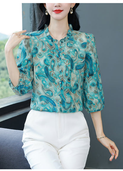 Women's Floral Print Ruffle Button Loose Blouses Top