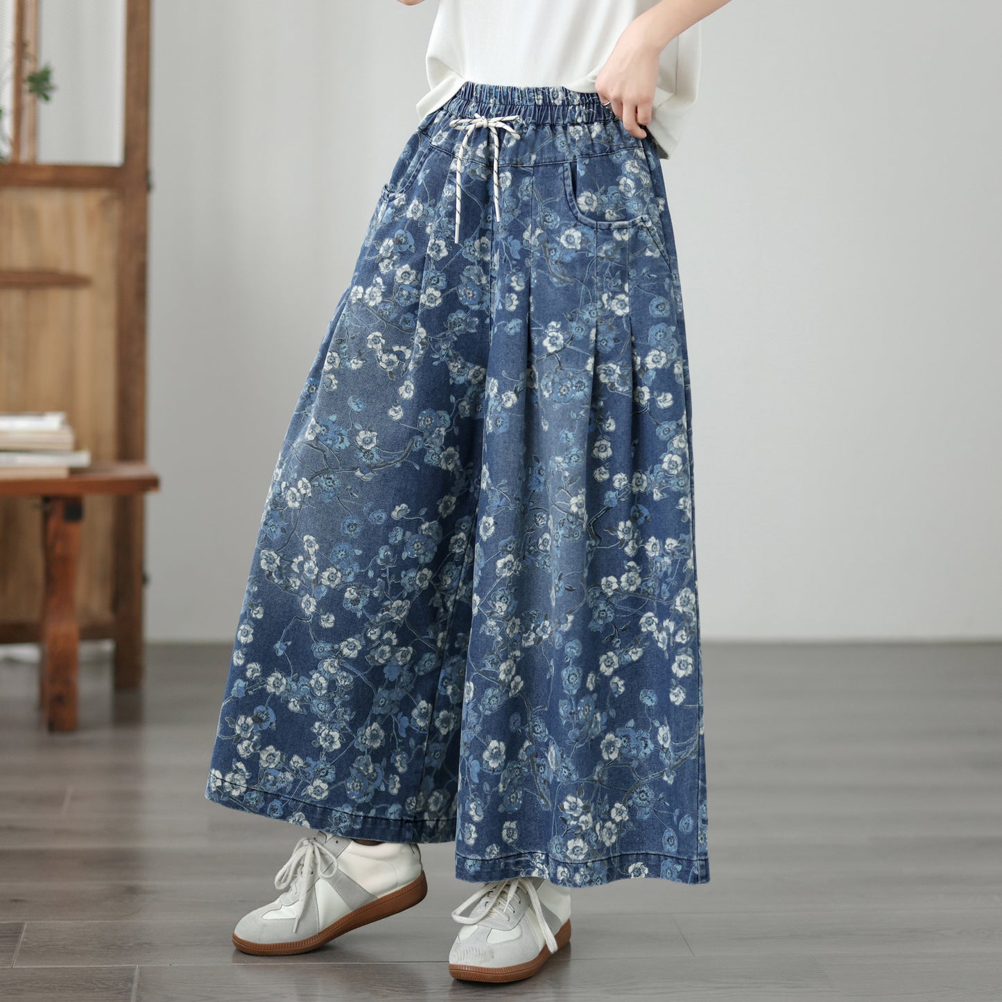 Women's Wide Leg Jeans Baggy Floral Wasited Elastic Pants - LAI MENG FIVE CATS
