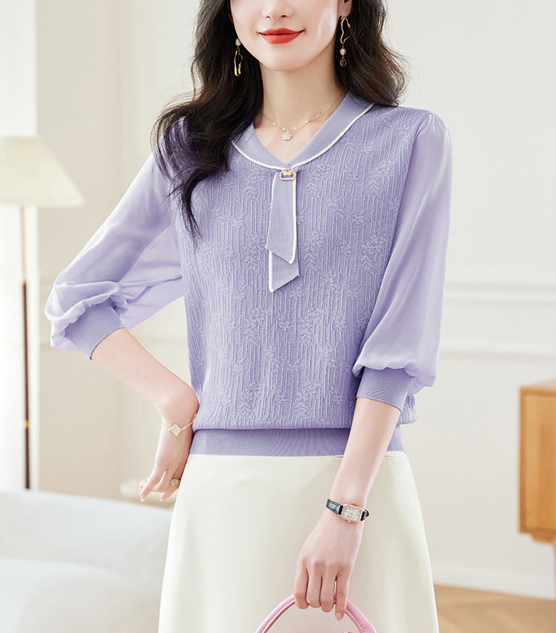 Tie-Neck Lightweight Knit Polo Top