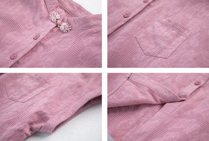 Women's Button Cap Sleeve Mandarin Collar Blouse Top - LAI MENG FIVE CATS
