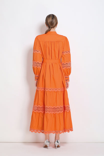 Women's V-Neck Puff Sleeve Lace Tiered Maxi Dress