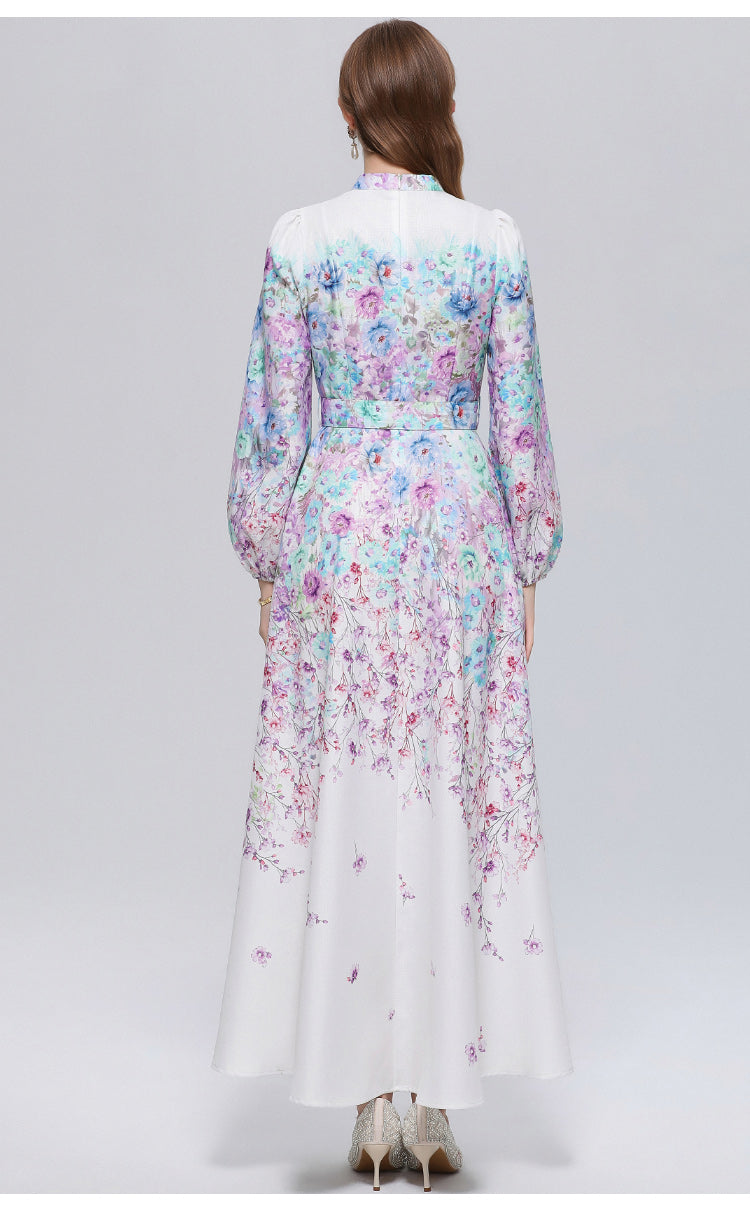 Women's Lantern Sleeve Floral Print Button Maxi Dress With Belts