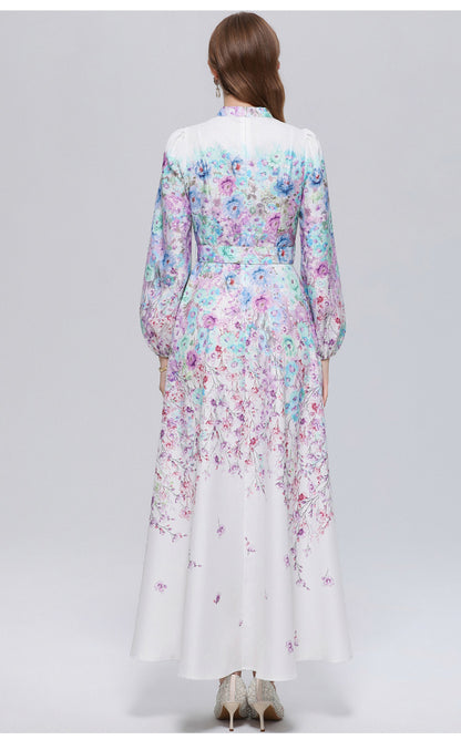 Women's Lantern Sleeve Floral Print Button Maxi Dress With Belts