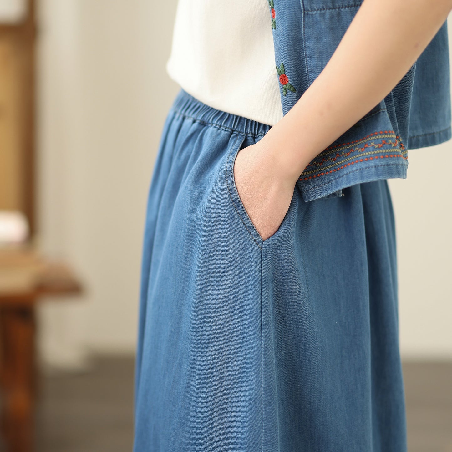 Women's Embroidered Elastic Waist Denim Jean Maxi Skirt Pocket - LAI MENG FIVE CATS