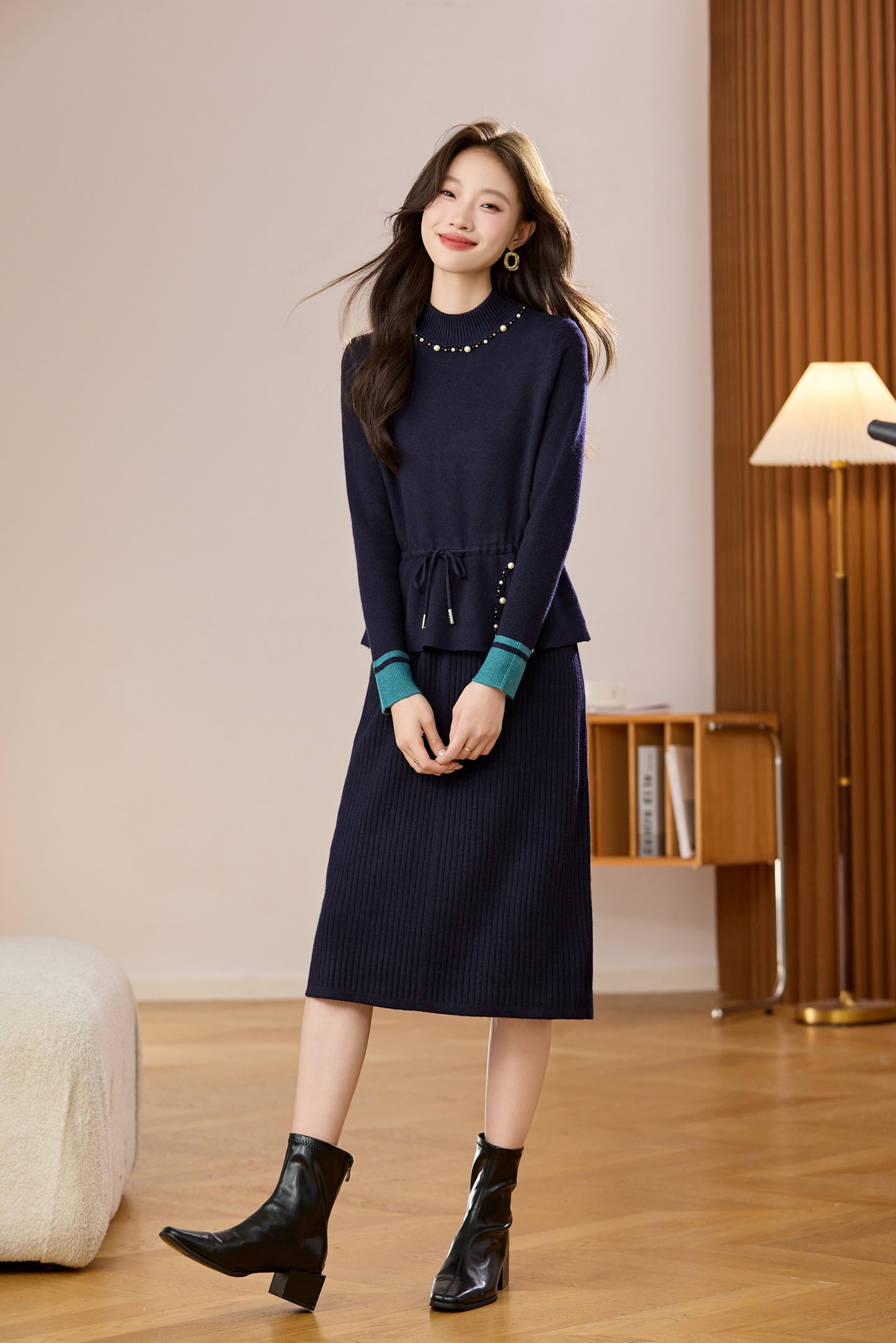 Women's Mock Neck Wool Sweater Drawstring Waist Dress
