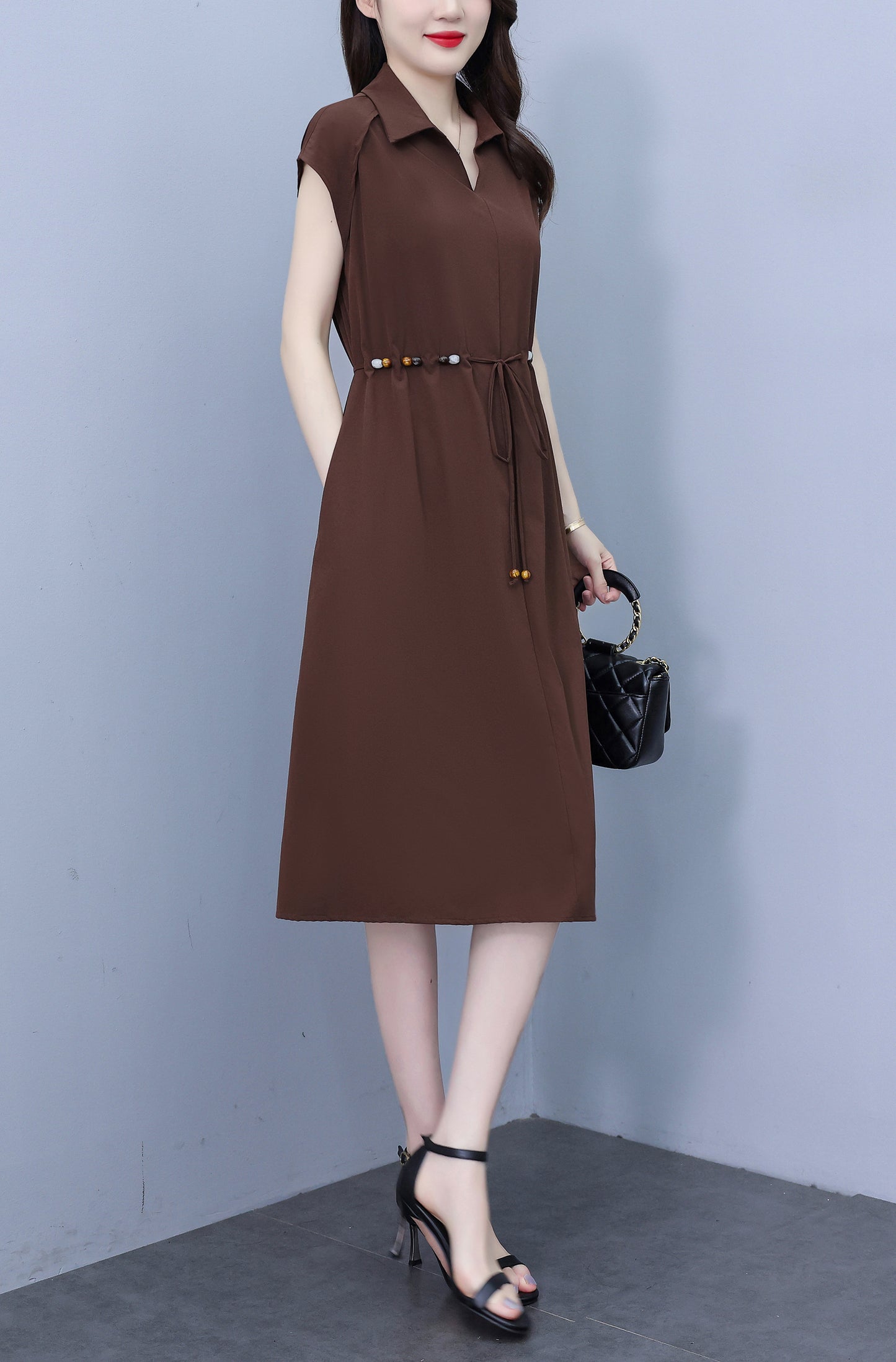 Women's V-Neck Cap Sleeve Pocket Midi Dress