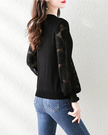 Women's Sweater Puff Sleeve Lace Knit Pullover Tops