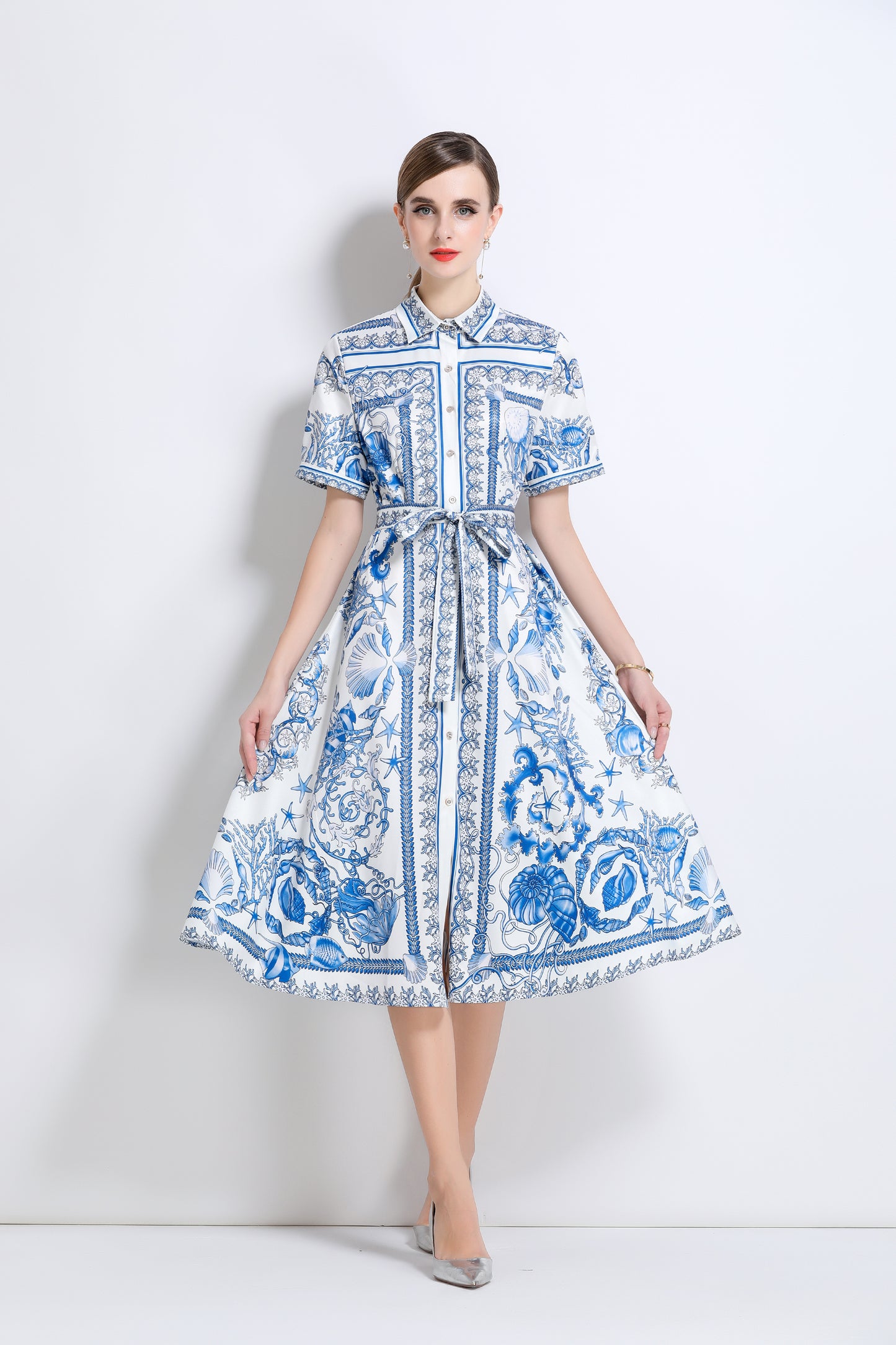 Women's Short Sleeve Button Floral Print  Midi Dress