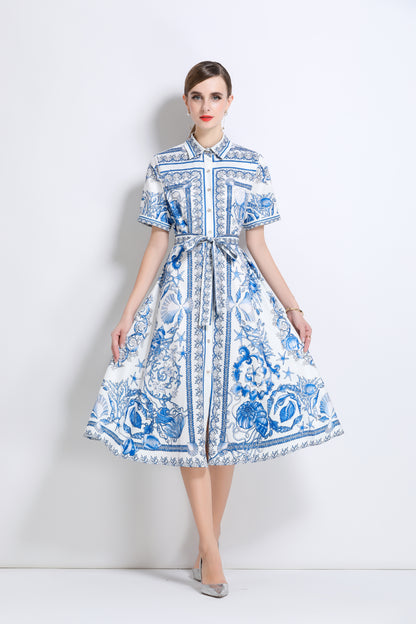 Women's Short Sleeve Button Floral Print  Midi Dress