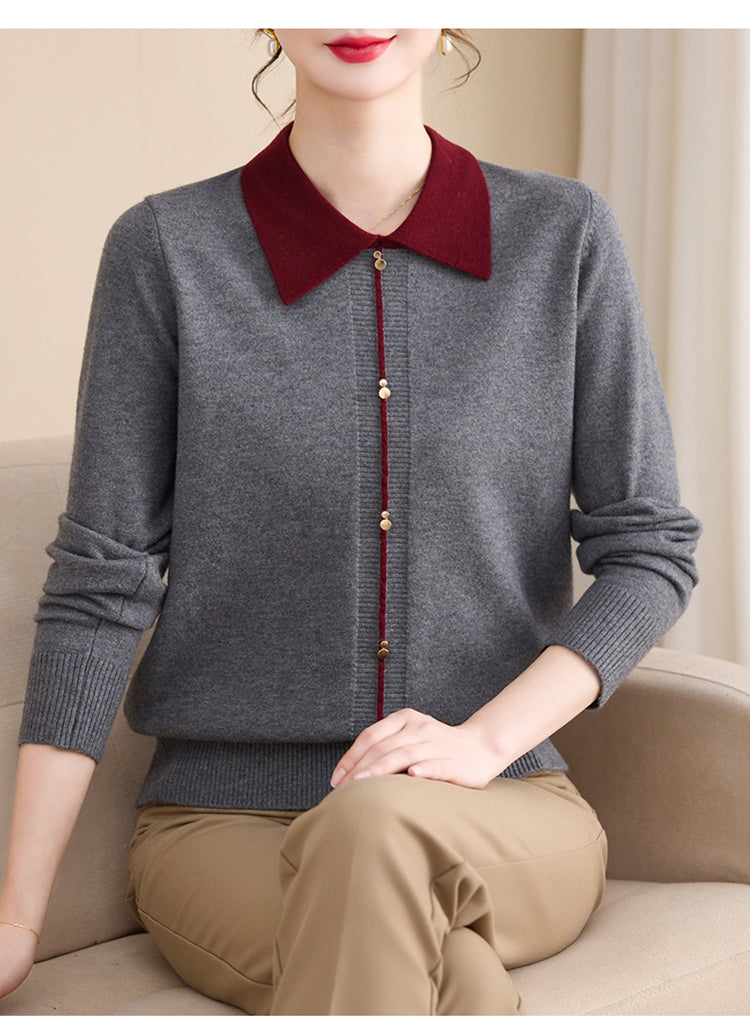 Women's Contrast Collar Cropped Sweater Shirt
