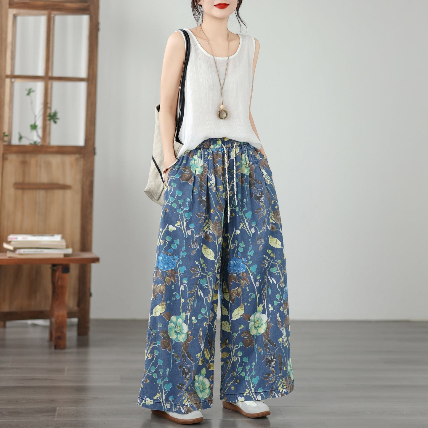 Women's Wide Leg Jeans Baggy Floral Wasited Elastic Pants - LAI MENG FIVE CATS