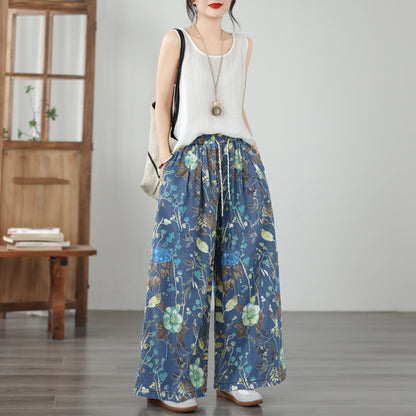 Women's Wide Leg Jeans Baggy Floral Wasited Elastic Pants - LAI MENG FIVE CATS