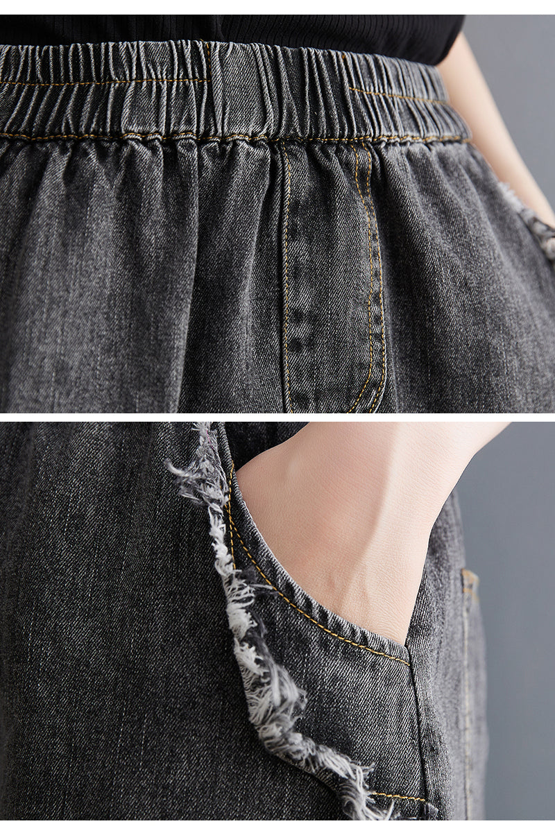 Women's Denim Drawstring Waist Pockets Jean Skirt