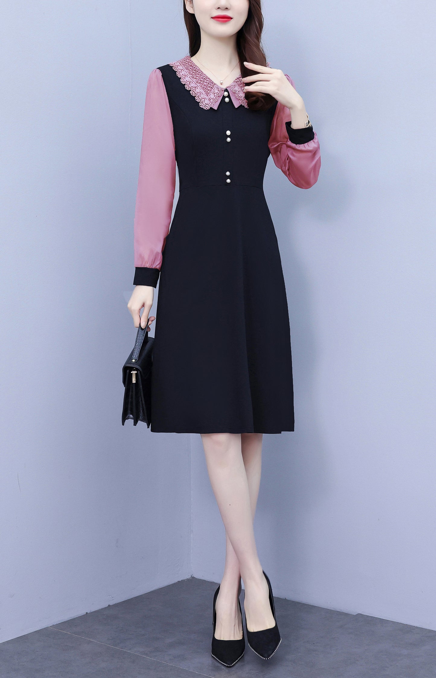 Women's Peter Pan Collar Long Sleeve Pocket Midi Dress