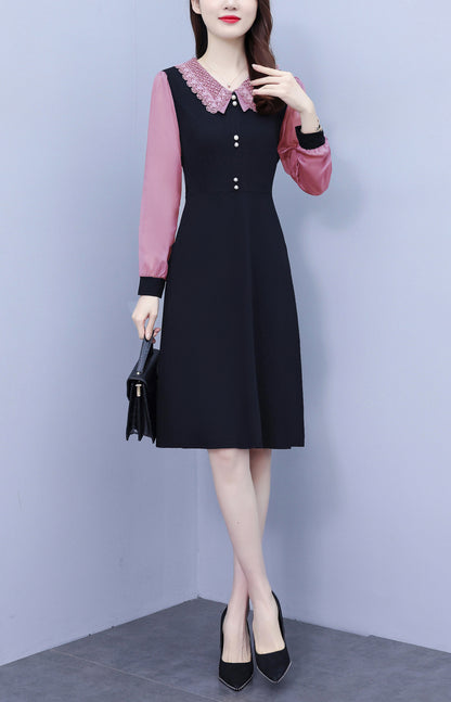 Women's Peter Pan Collar Long Sleeve Pocket Midi Dress