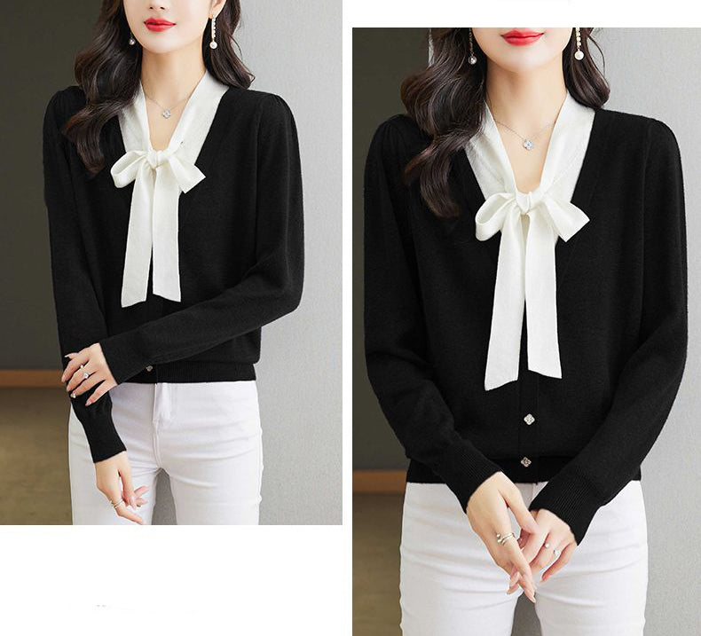 Women's Color Block Tie Neck Knit Top Sweater