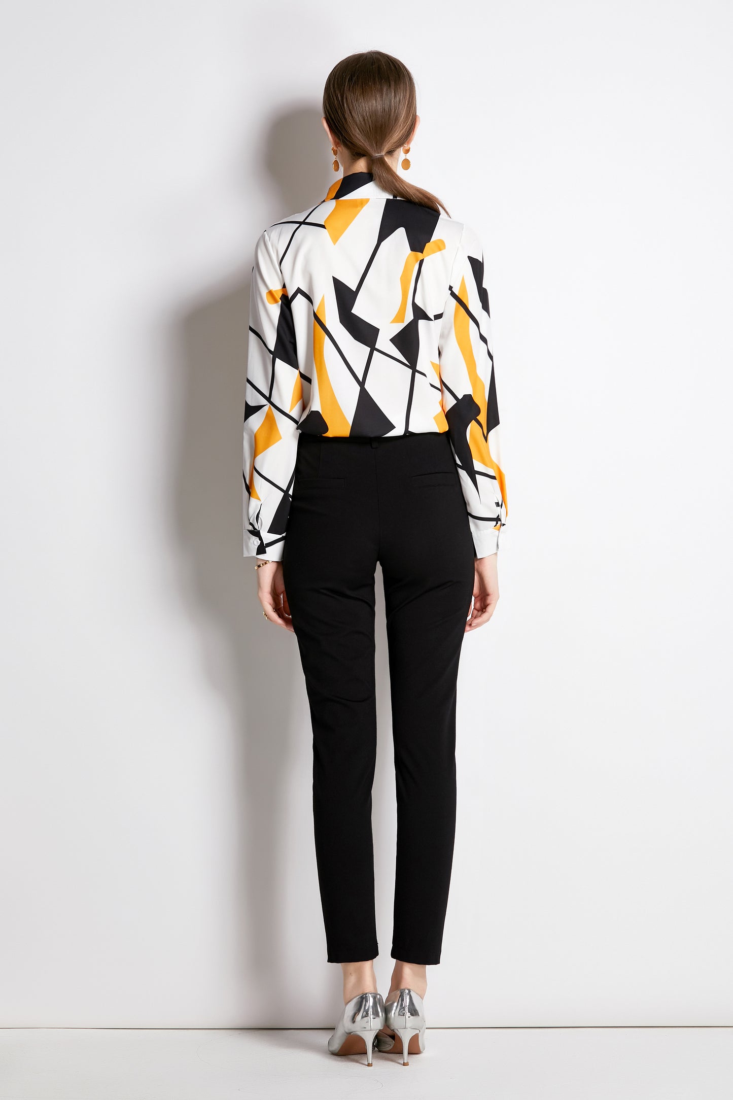 ESY-Women's Long Sleeve Lapel Collar Print Button Blouse