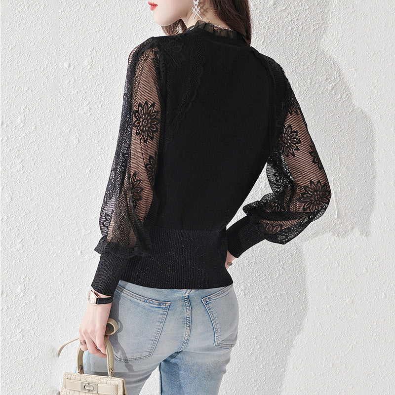 Women's Turtleneck Sweater Lantern Sleeves  Lace Tops - LAI MENG FIVE CATS