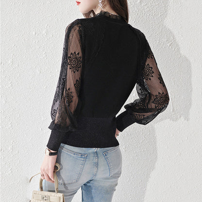 Women's Turtleneck Sweater Lantern Sleeves  Lace Tops - LAI MENG FIVE CATS