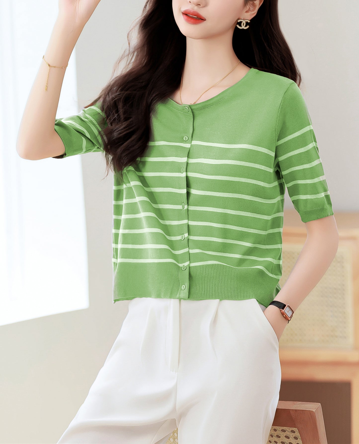 Women's Stripes Short Sleeve Knit Cardigan Tops