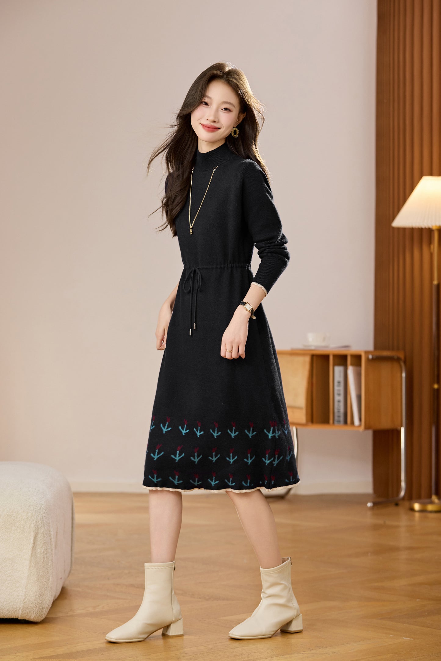 Women's Wool Sweater Drawstring Waist Print Knit Midi Dress