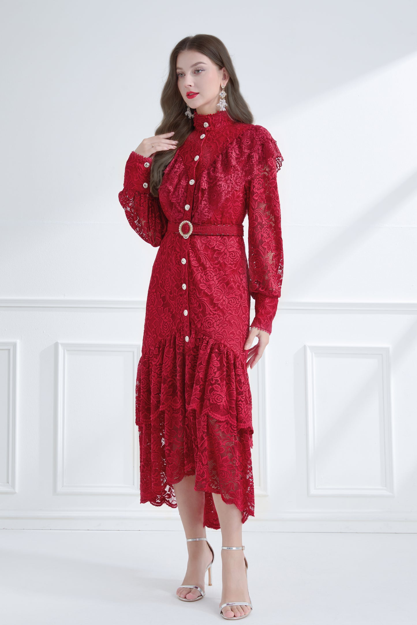 Women's Lace High Neck Ruffles Fishtail Maxi Dress