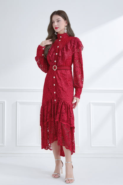 Women's Lace High Neck Ruffles Fishtail Maxi Dress