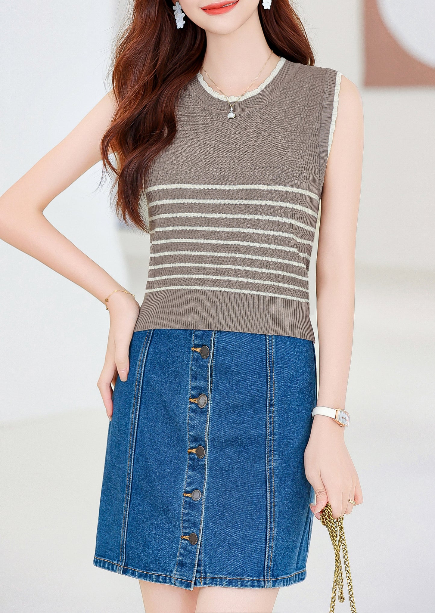 Women's Striped Sleeveless Shirt Ribbed Knit Tops