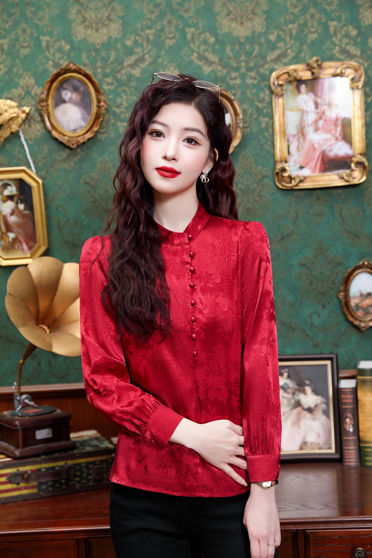 Women's Silk Satin Jacquard Long Sleeve Blouses